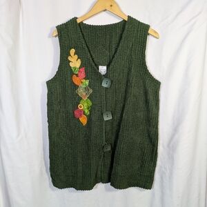 Focus Chenille Vest Leaf Embellishments, Boho, Fall, Oversized, Olive Green,Sz M